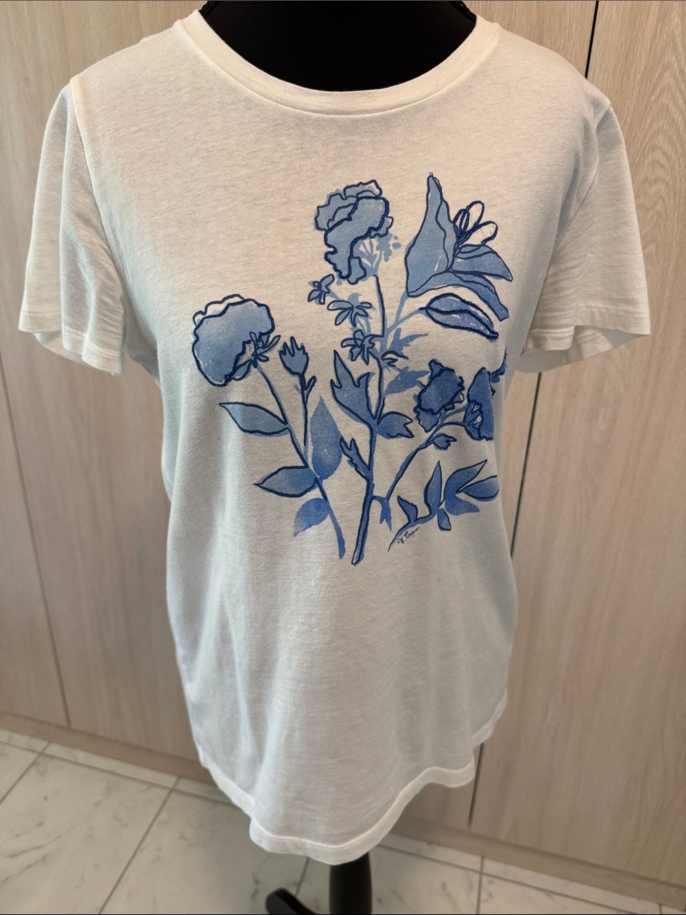 J Crew White with Blue Florals Collector Tee 100% Cotton